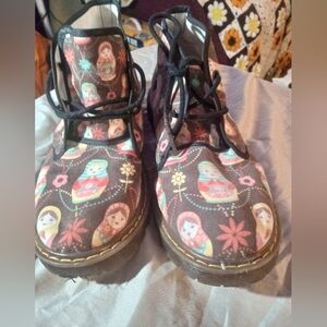 Matryoshka Doll ankle boots.  Never worn.  Really cute! Brown. Bright dolls